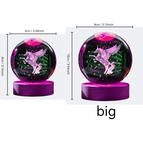 1 Unicorn 3D laser carved crystal ball with wooden colored LED lamp holder, home decoration, girlfriend, colleague, wife birthda