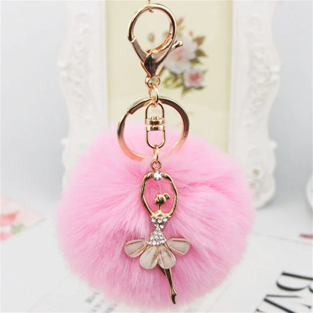 Rhinestone Ballet Dancer Plush Ball Keychain for Women and Girls