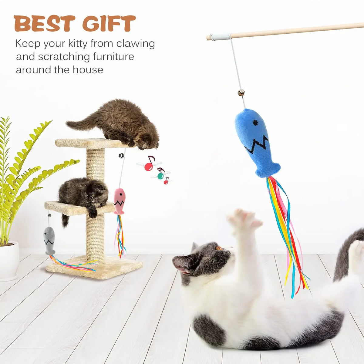 Natural Wooden Cat Teaser Wand for Interactive Indoor Cat Play