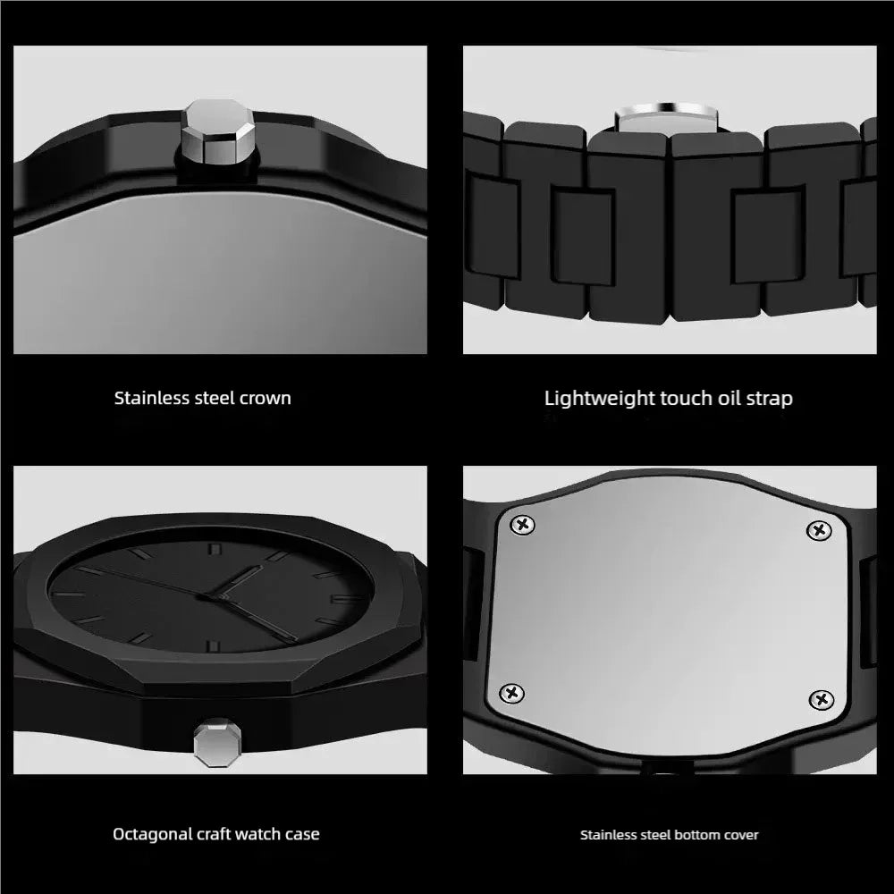 Men's Fashion Simple Black Large Dial Quartz Watch Casual Polycarbonate Butterfly Buckle Strap Male Waterproof Clock Wristwatch