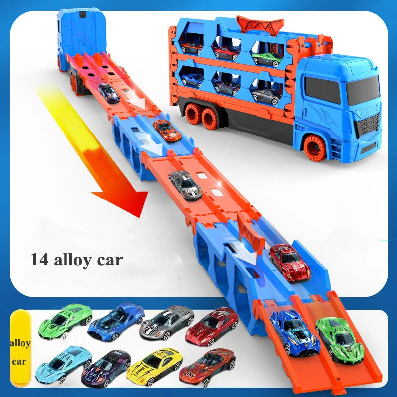 Large Car Transporter Truck with Folding Race Track & Alloy Cars