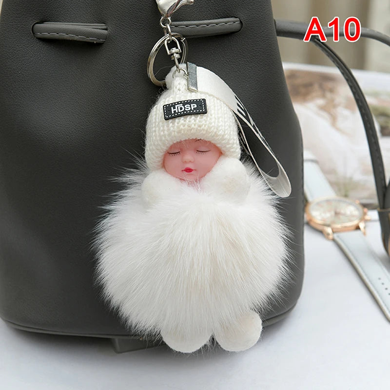 Sleeping Baby Pompom Plush Keychain Cute Fluffy Bag Charm
