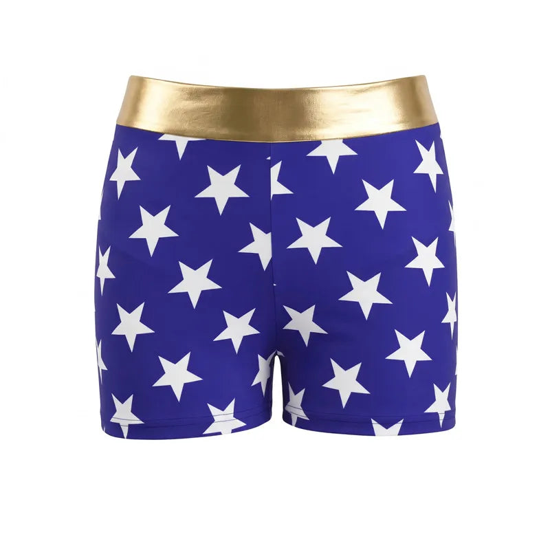 Women Blue White Star Print Shiny Stretch Boy Shorts High Waist Cosplay Costume Shorts Slim Fit Party Festival Clubwear Bottoms