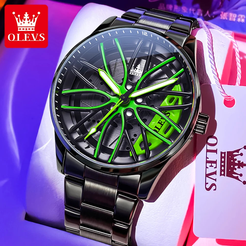 OLEVS Fashion 360° Rotary Dial Quartz Watch for Men Sport Car Rim Wheel Hub Waterproof Luminous Stainless Steel Men's Wristwatch