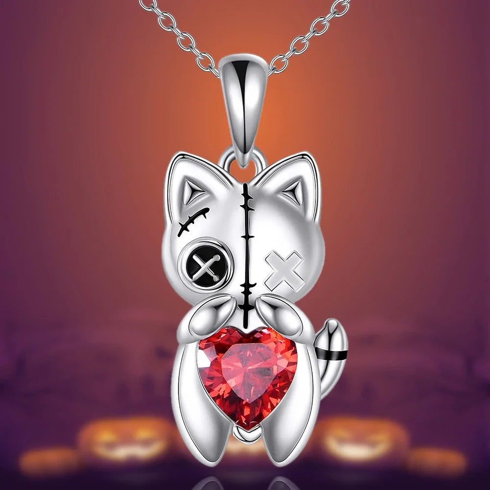 1Pc Creative Cute Cat Voodoo Doll Red Heart Pendant Necklace Fashion Women Personalized Jewelry Perfect Gift for Halloween