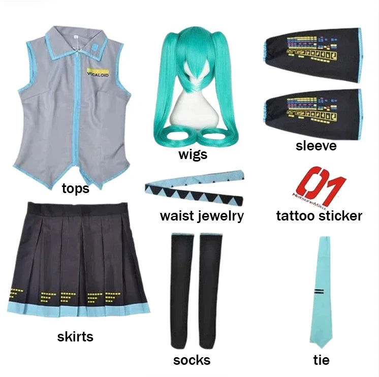 Cosplay Costume Green Ponytail Wig Anime  Singer Role Playing Uniform Girl Party Comic Con Outfits Tops Skirt Props