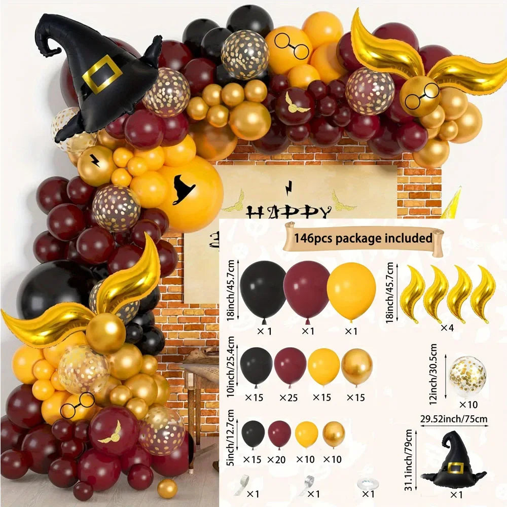 School of Magic Balloon Wreath Arch Kit 146PCS Balloon Snitch Wizard Hat Halloween Magic Themed Birthday Supplies Decorated
