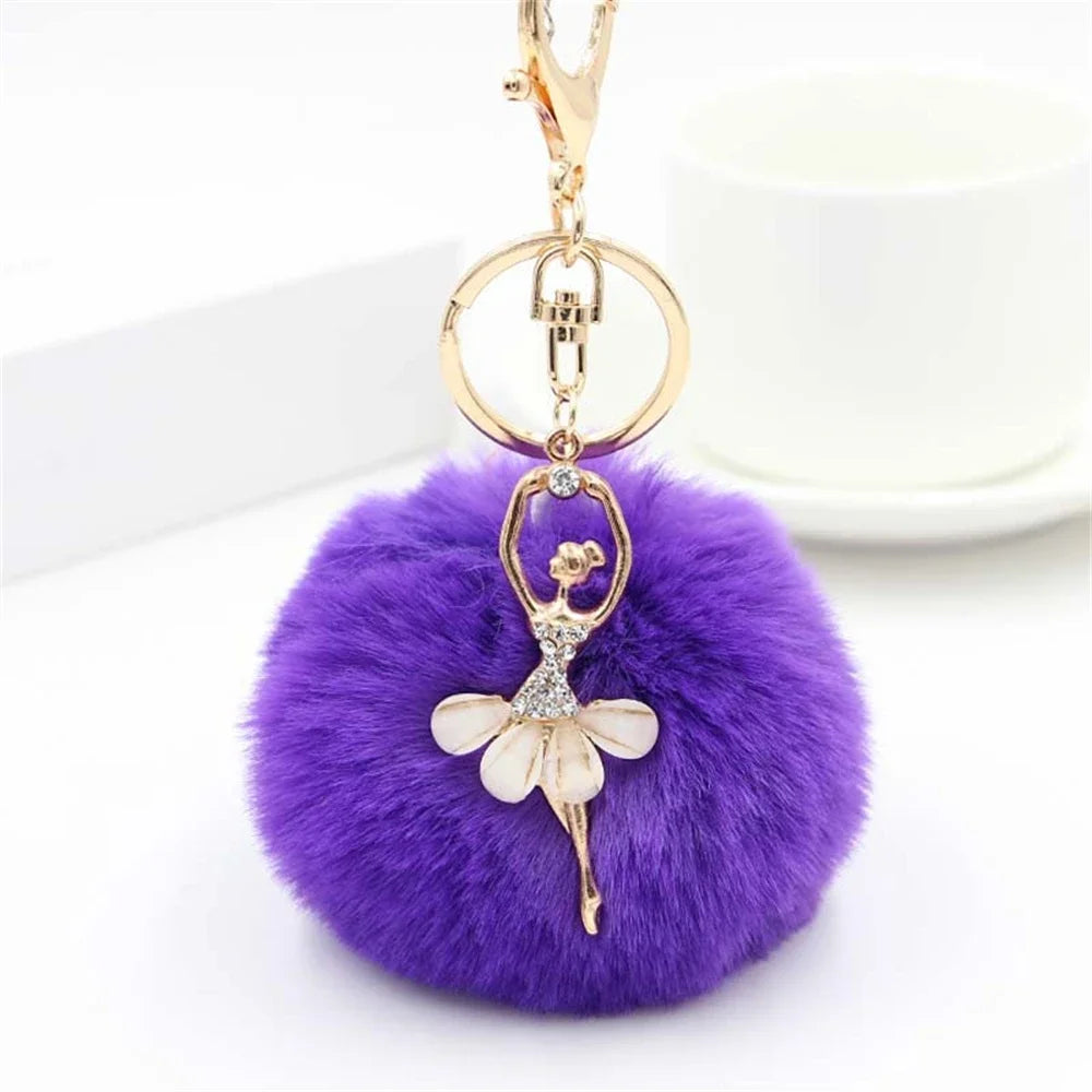 Rhinestone Ballet Dancer Plush Ball Keychain for Women and Girls