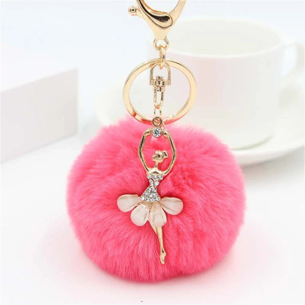 Rhinestone Ballet Dancer Plush Ball Keychain for Women and Girls