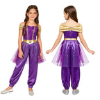 Girls Arabian Princess Costume Belly Dance Jumpsuit Shiny Sequin Tulle Overlay Satin Bodysuit for Halloween Theme Party Carnival