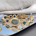 Ladies' Silky Texture Oval Alloy Case Set with Movable Fine Bead Bracelet Sun Print Rhinestone Dial Elegant Lady Quartz Watch