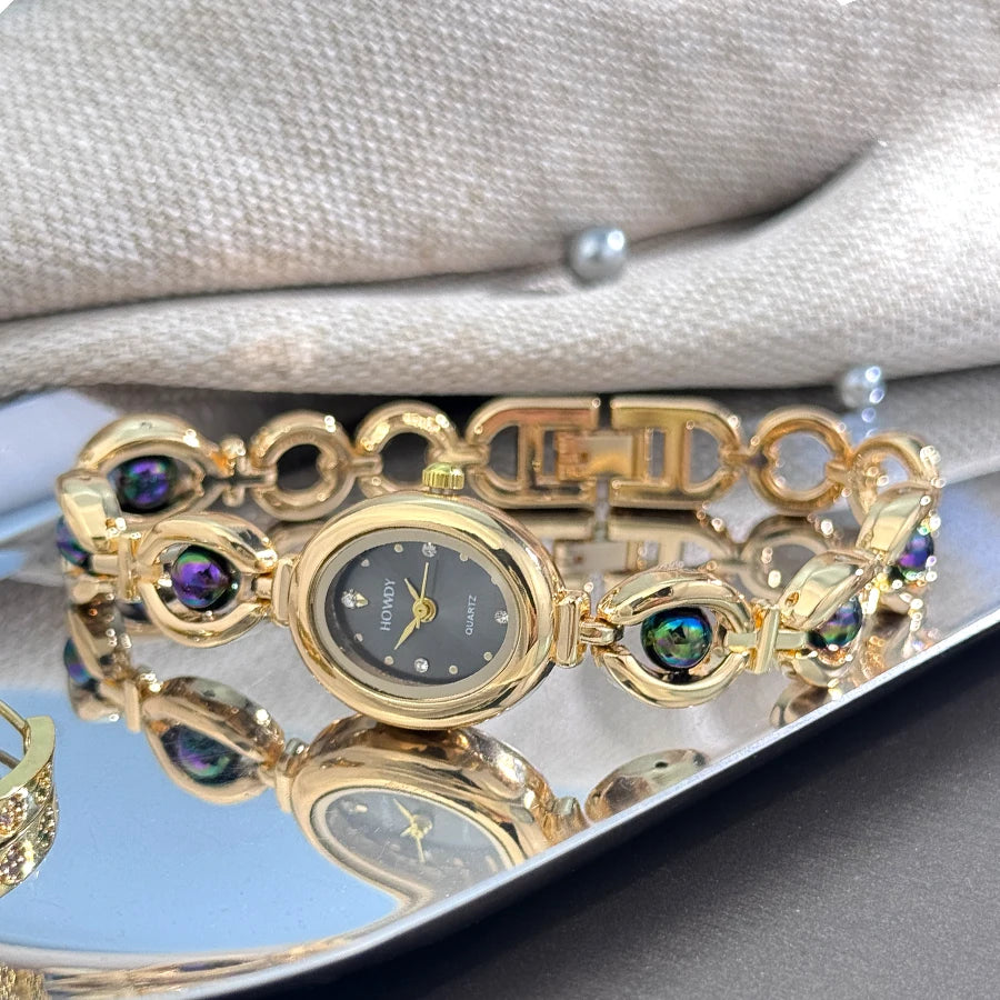 Ladies' Silky Texture Oval Alloy Case Set with Movable Fine Bead Bracelet Sun Print Rhinestone Dial Elegant Lady Quartz Watch