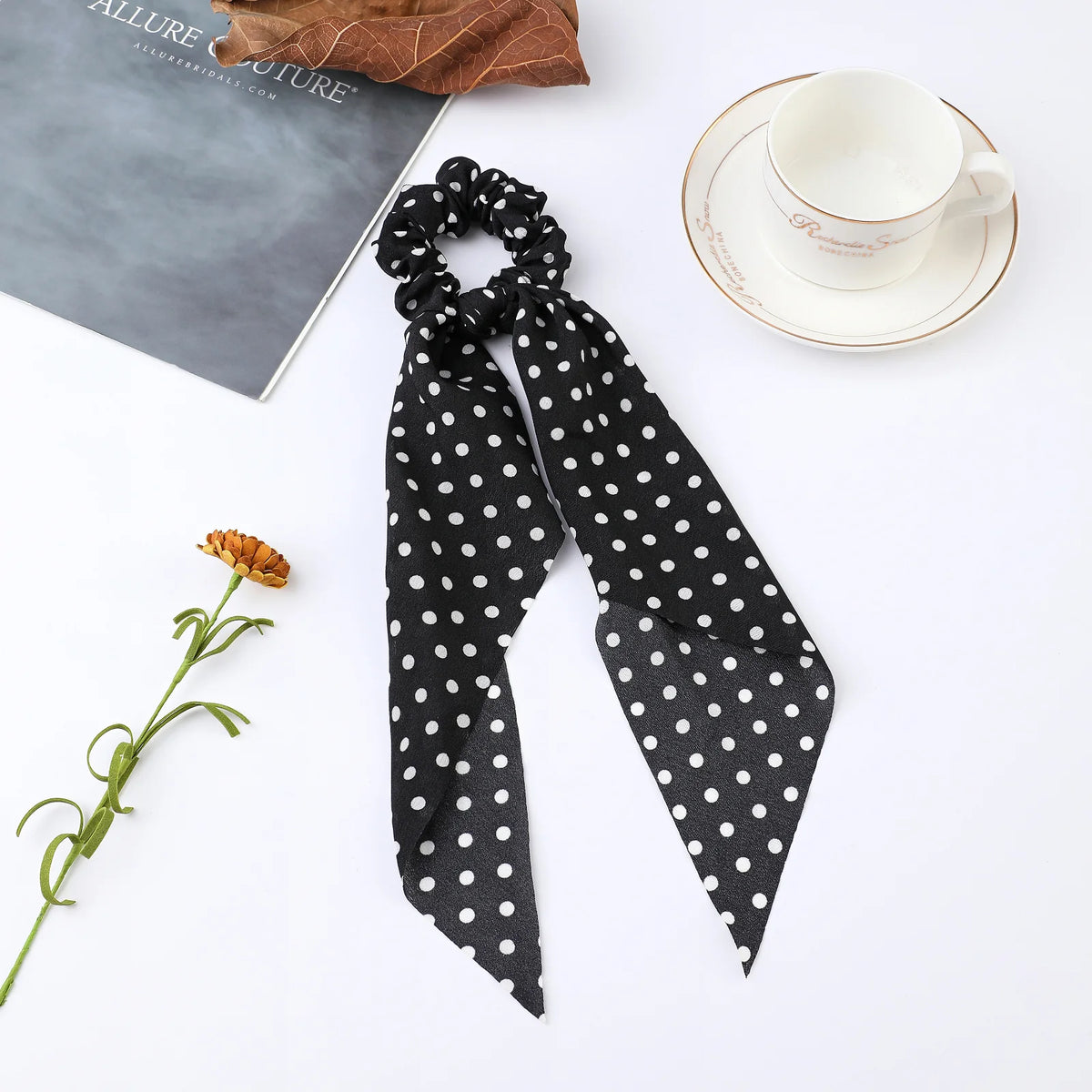 Floral Satin Bow Scrunchie with Long Ribbon Scarf