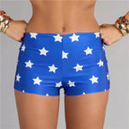 Women Blue White Star Print Shiny Stretch Boy Shorts High Waist Cosplay Costume Shorts Slim Fit Party Festival Clubwear Bottoms