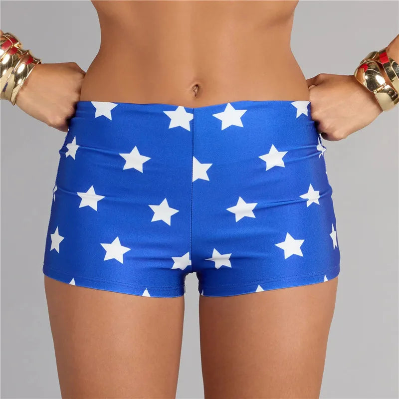 Women Blue White Star Print Shiny Stretch Boy Shorts High Waist Cosplay Costume Shorts Slim Fit Party Festival Clubwear Bottoms