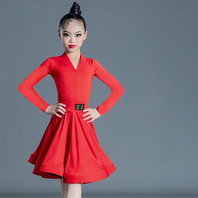 Children's Latin Dance Dress Girls' Dance Dress Girls' Long Sleeve Split Latin Dance Dress Performance Clothing Two Piece Set