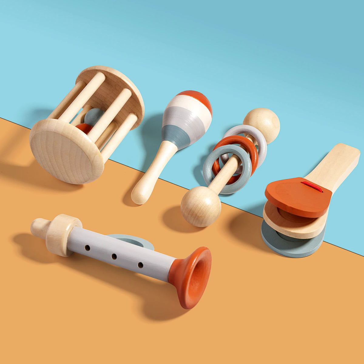Baby Wooden Hand Bell Rattle Montessori Sensory Grasp & Teething Toy