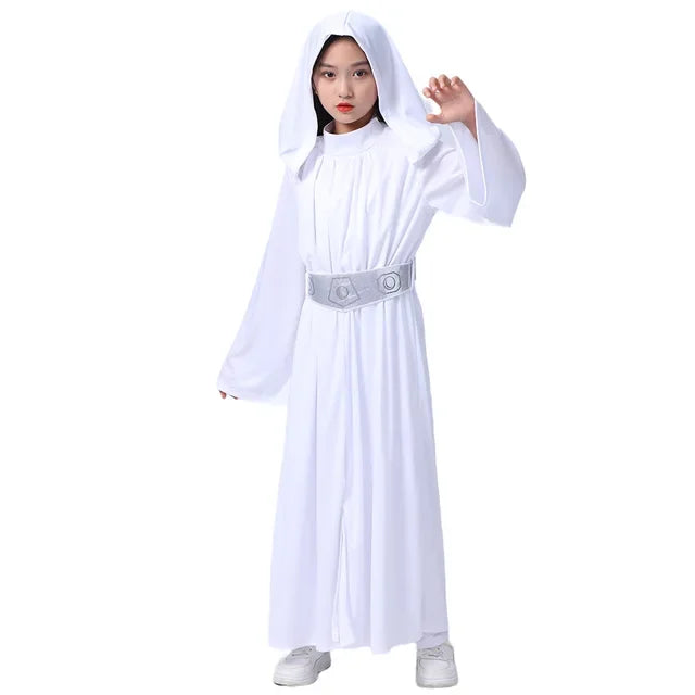 Child Princess Leia Cosplay Fancy-dress Girls White Hooded Robe Kids Outfit With Wig Halloween Carnival Party Costume