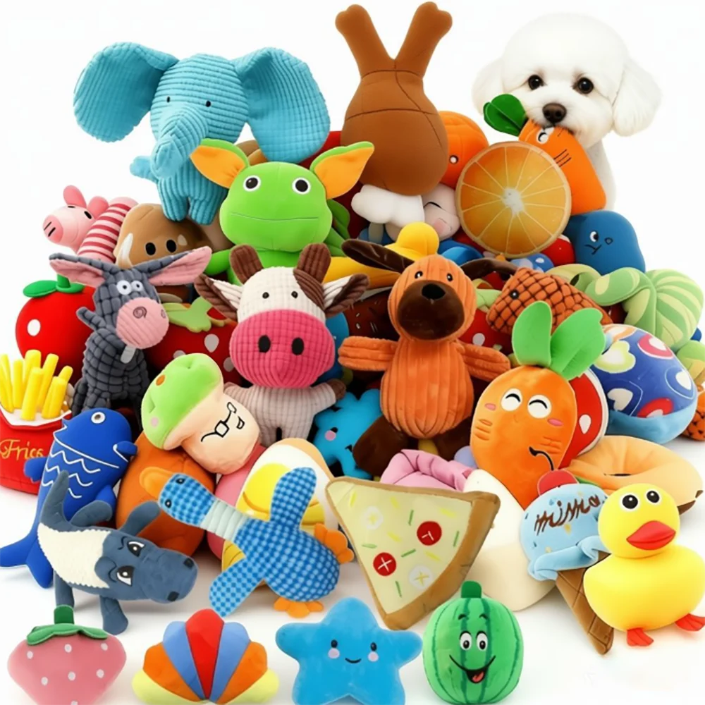 16 Pack Random Squeaky Dog Plush Toy Set Mixed Fruit Animal Stuffed Chew Toys Interactive Teething Pet Toy Gift Pack
