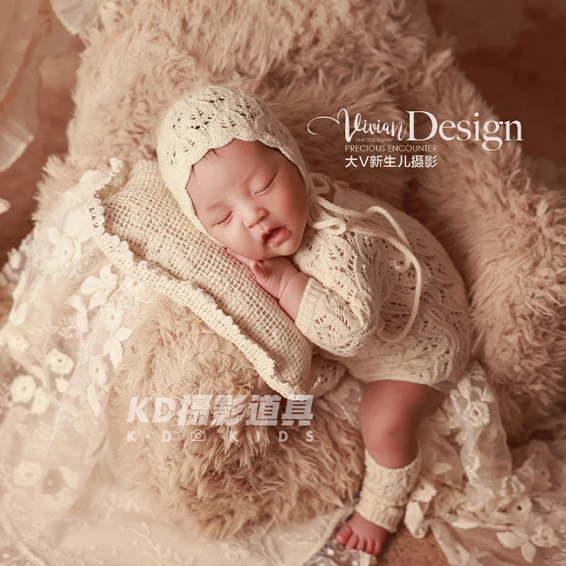 Vintage Style Newborn Photography Outfit Baby Knit Jumpsuit Romper + Hat + Socks for Photoshooting, Christening, Baby Shower
