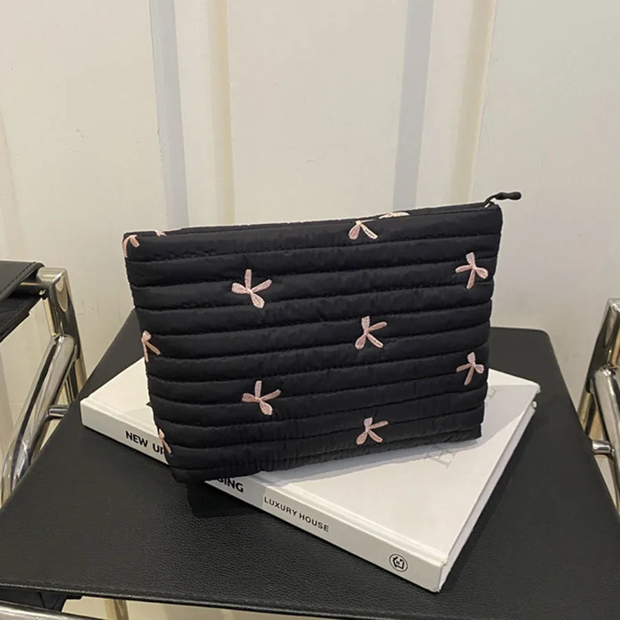 Cute Embroidered Bow Large Capacity Makeup Bag