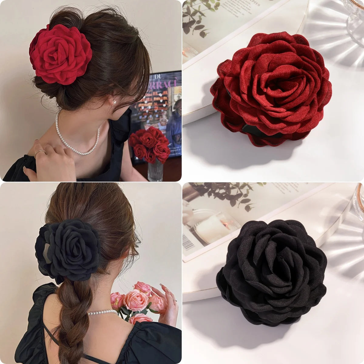 Cotton Rose Flower Hair Claw Clip – Medium Shark Clamp