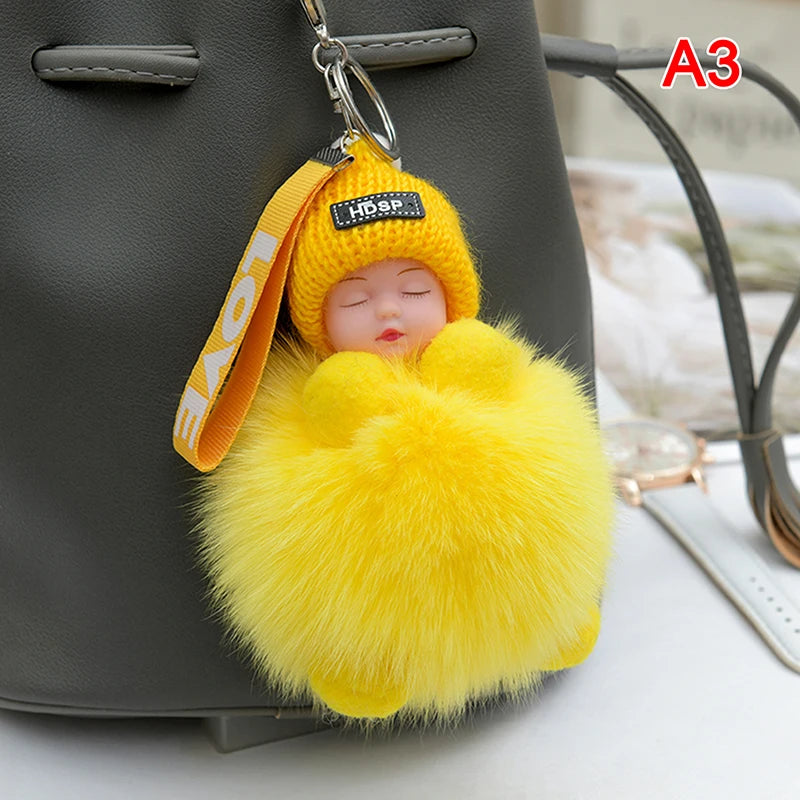 Sleeping Baby Pompom Plush Keychain Cute Fluffy Bag Charm