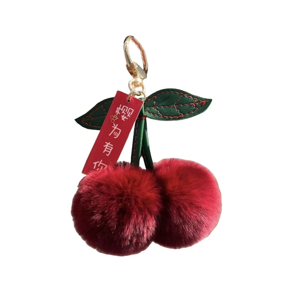 Cute Fluffy Cherry Fur Ball Keychain Bag Pendant Charm