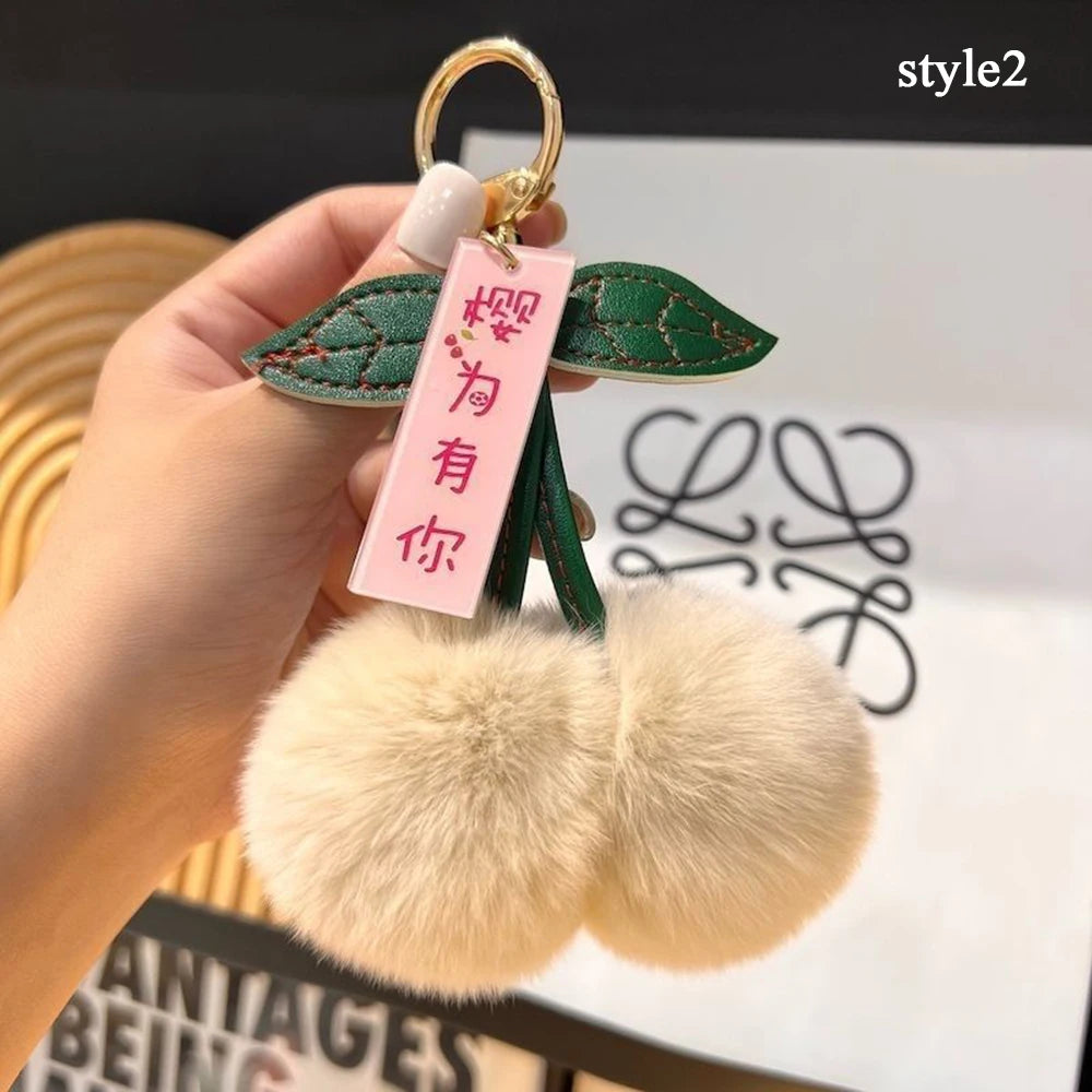 Cute Fluffy Cherry Fur Ball Keychain Bag Pendant Charm