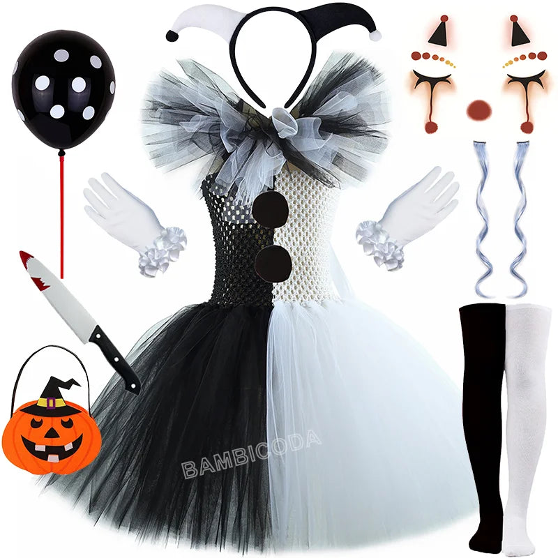 Girls Horror Clown Costume – Black & White Tutu Dress