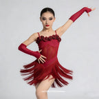 Ballroom Latin Dress Girls American Dance Rumba Cha Cha Line Samba Tango Costume Competition Practice Wear Kids Fringe Tassle