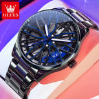 OLEVS Fashion 360° Rotary Dial Quartz Watch for Men Sport Car Rim Wheel Hub Waterproof Luminous Stainless Steel Men's Wristwatch