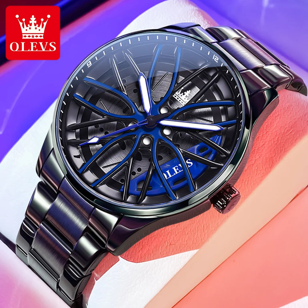 OLEVS Fashion 360° Rotary Dial Quartz Watch for Men Sport Car Rim Wheel Hub Waterproof Luminous Stainless Steel Men's Wristwatch