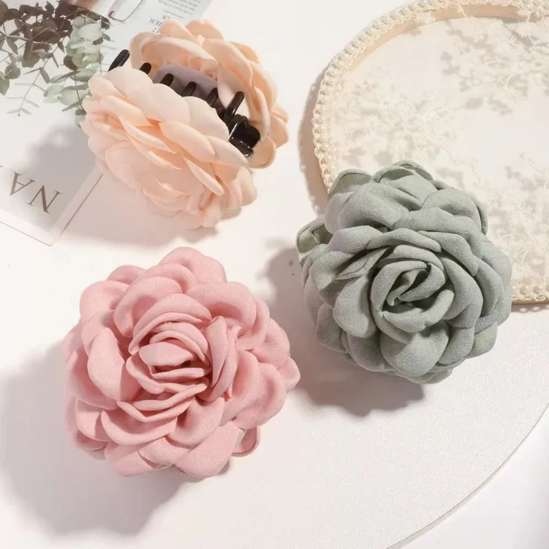Cotton Rose Flower Hair Claw Clip – Medium Shark Clamp