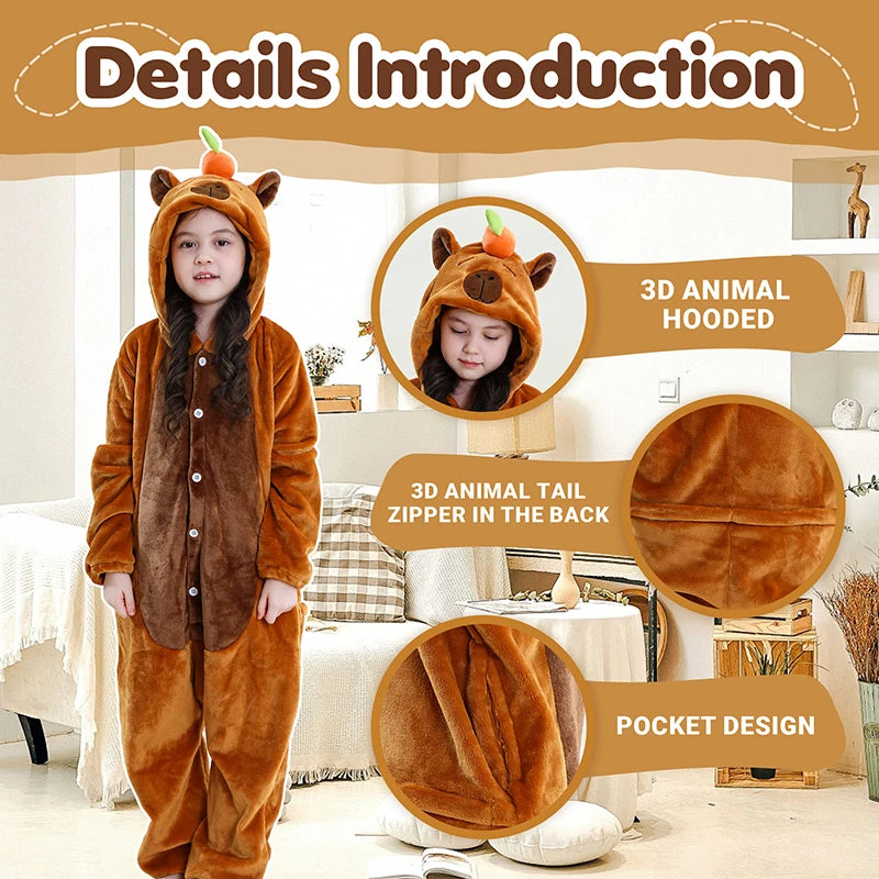 MICHLEY Carnaval Capybara Flannel Blanket Sleepers Onesie Hooded Children Costume Clothes Jumpsuit Sleepwear For Boys Girls