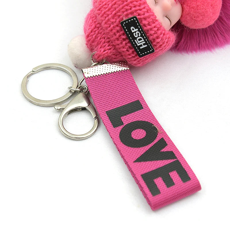 Sleeping Baby Pompom Plush Keychain Cute Fluffy Bag Charm