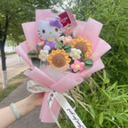 Genuine My Melody Kuromi Cinnamoroll Hellokitty Plush Dolls With Crochet Flowers Creative Handmade Sanrio Bouquet Gifts For Girl