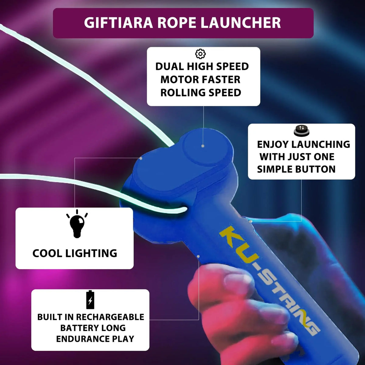 Glow-in-the-Dark Rope Launcher Toy for Kids and Adults, Rechargeable LED Luminous String, Handheld Stress Relief Game Gift Fun