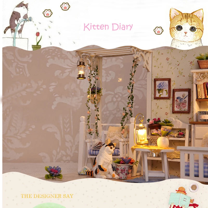 Kitten Mini Doll House 3D Wooden Puzzle DIY Miniature Building Kit