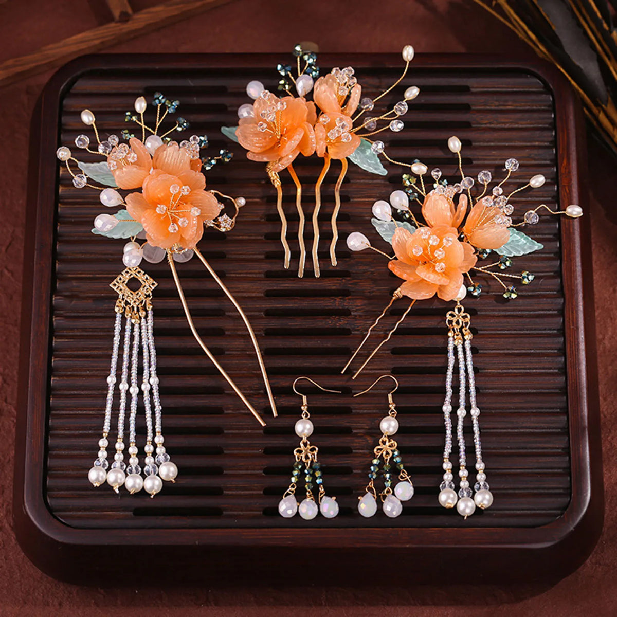 Chinese Hanfu Hair Stick Hairpin Earrings Hair Accessories Set Long Fringed Vintage Hairpin Flower Handmade Wedding Hair Jewelry