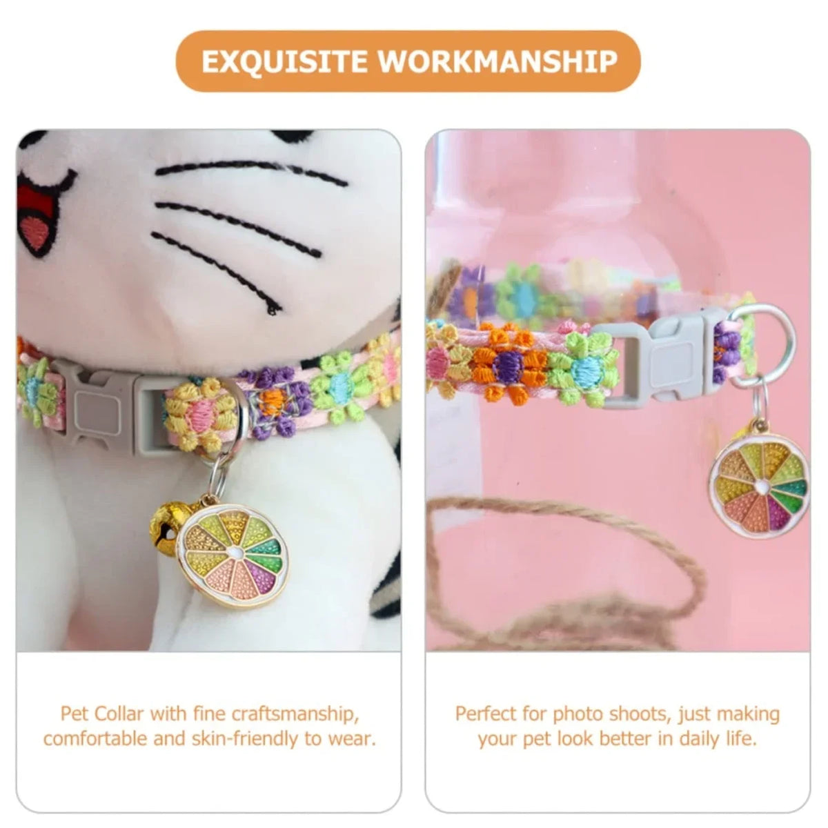 Pink Blue Cherry Blossom Embroidery Cat Collar With Bell Safety Breakaway Buckle Pet Accessory For Kitten Puppy