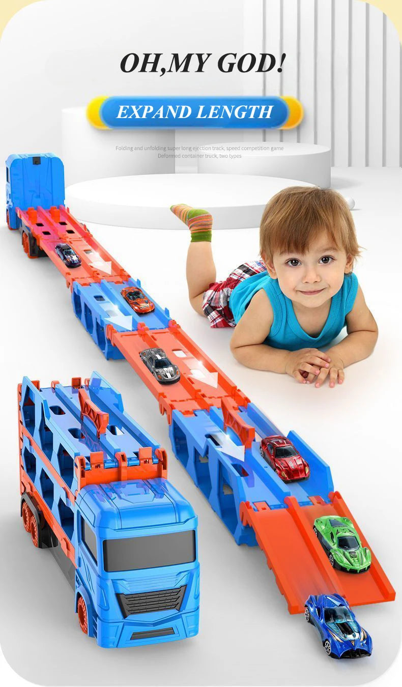 Large Car Transporter Truck with Folding Race Track & Alloy Cars
