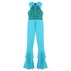 Womens 70s Disco Shiny Sequins Jumpsuit Sleeveless Turn-Down Collar Zipper Rhinestone O-Ring Front Tiered Bell-Bottom Bodysuit