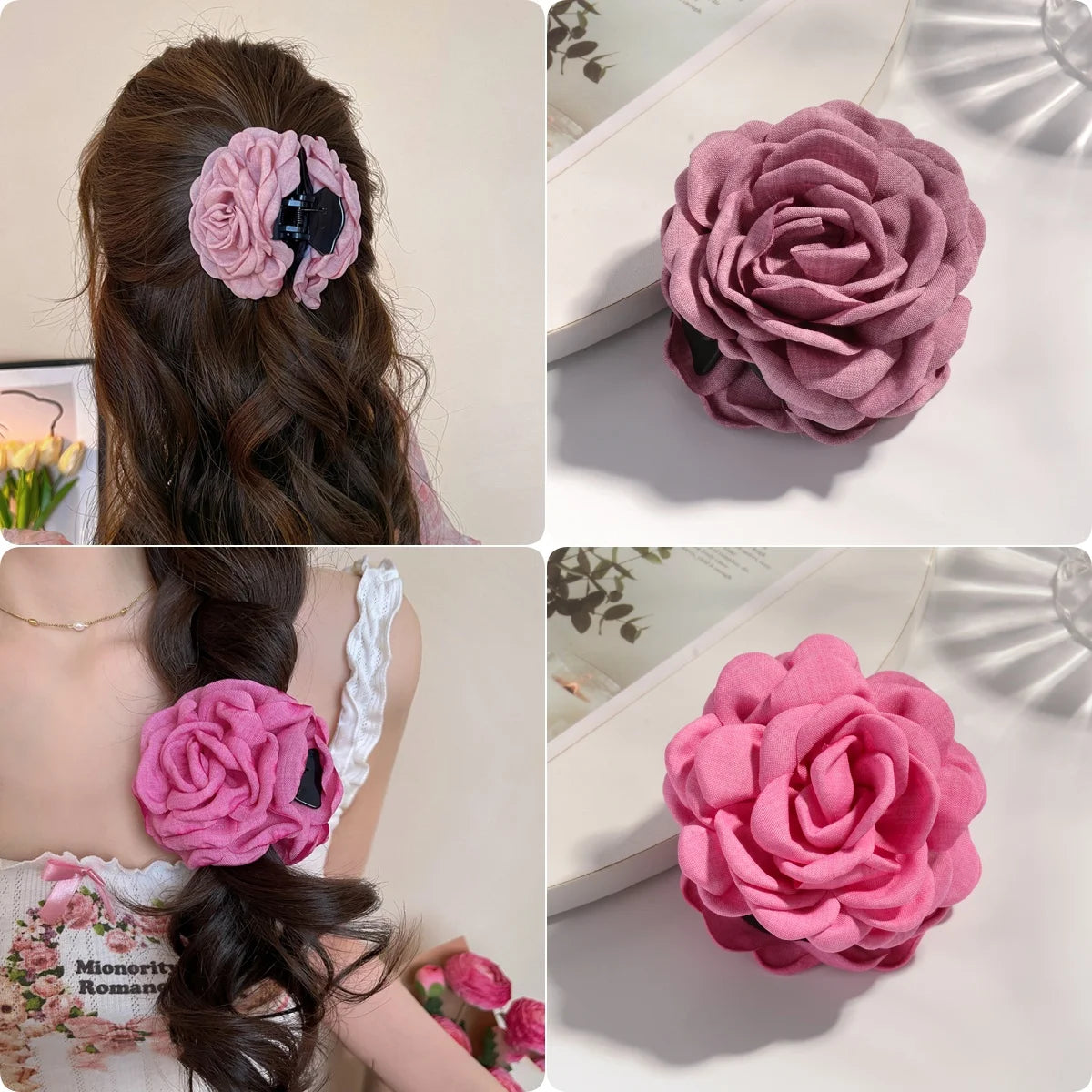 Cotton Rose Flower Hair Claw Clip – Medium Shark Clamp