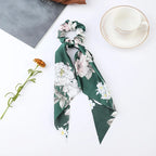 Floral Satin Bow Scrunchie with Long Ribbon Scarf