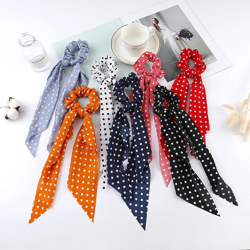 Floral Satin Bow Scrunchie with Long Ribbon Scarf