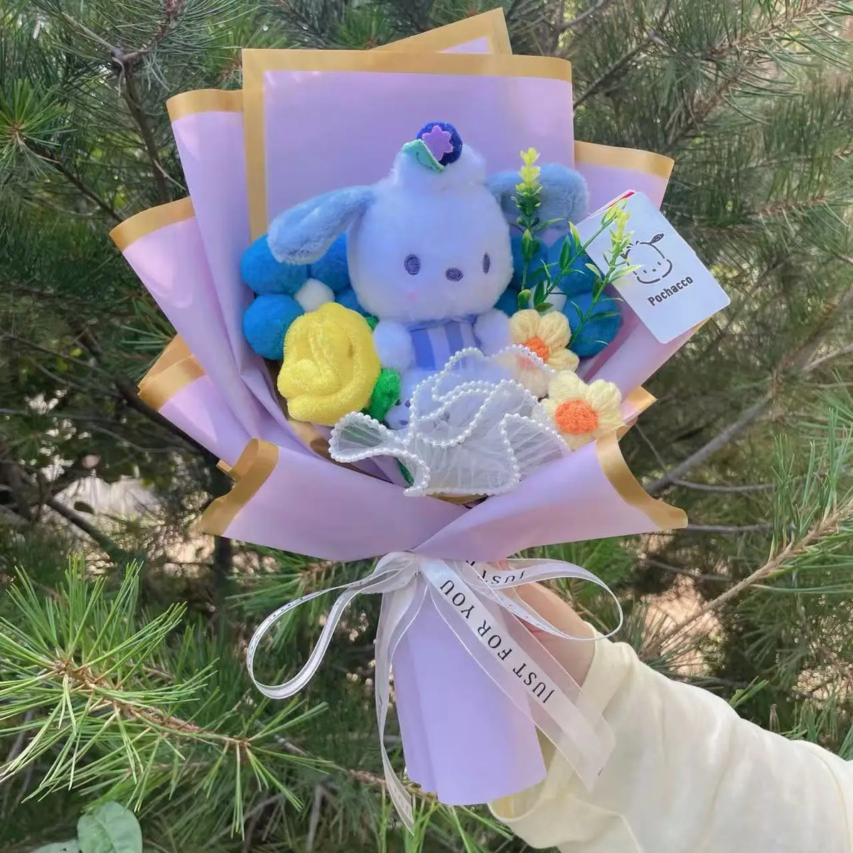 Genuine My Melody Kuromi Cinnamoroll Hellokitty Plush Dolls With Crochet Flowers Creative Handmade Sanrio Bouquet Gifts For Girl