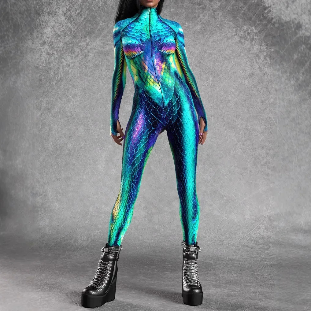 Zawaland Women Mermaid Jumpsuit Halloween Party Cosplay Costume 3D Fish Scale Print Performance Bodysuit Festival Zentai Catsuit