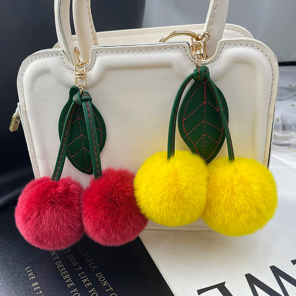 Cute Fluffy Cherry Fur Ball Keychain Bag Pendant Charm