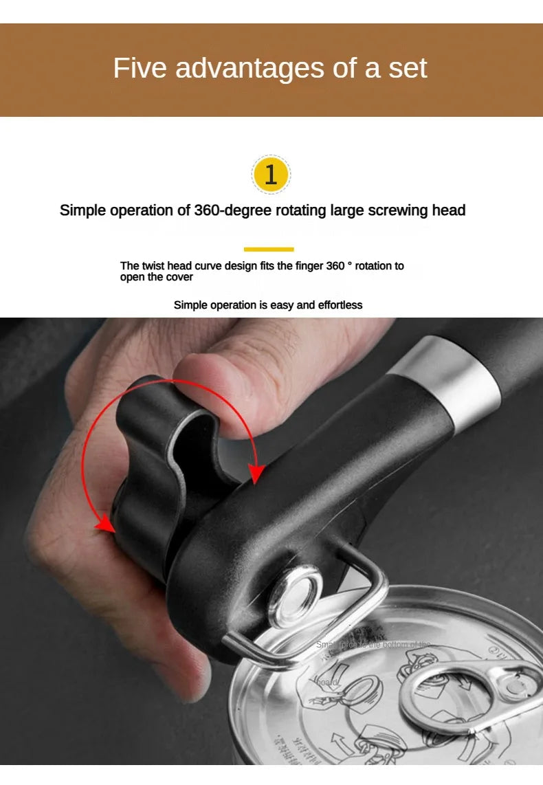 Stainless Steel Manual Can Opener with Side Cut & Bottle Opener Tool